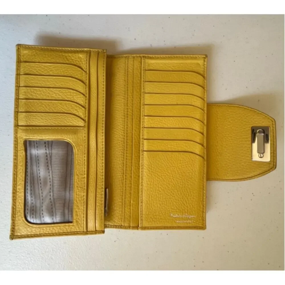 Salvatore Ferragamo Gancini Leather Long Wallet Yellow Luxury Designer Italy
